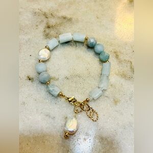 Handmade Aquamarine Gemstone Bracelet Baroque Pearl 18K Gold Plated